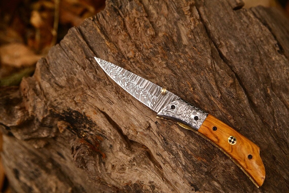 KBS Knives Store Folding Knives Hand Engraved Custom Damascus Steel EDC Folding Pocket Knife | 3-Inch Blade, Olive Wood Handle, Leather Case | Gift Idea