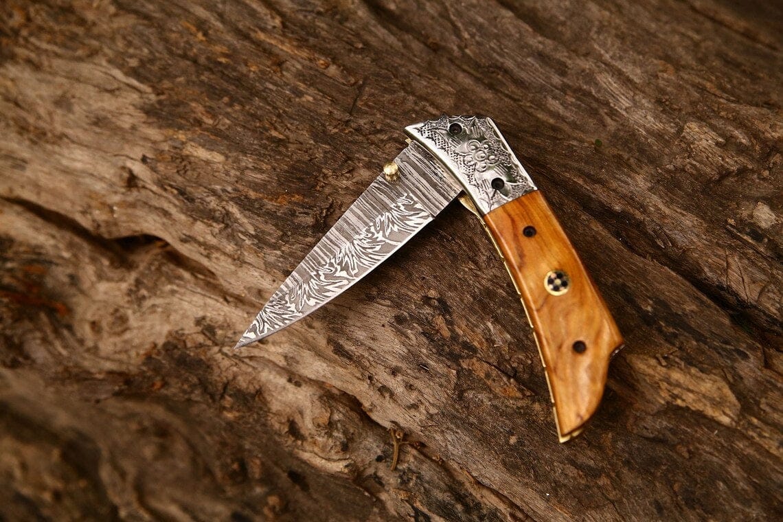 KBS Knives Store Folding Knives Hand Engraved Custom Damascus Steel EDC Folding Pocket Knife | 3-Inch Blade, Olive Wood Handle, Leather Case | Gift Idea