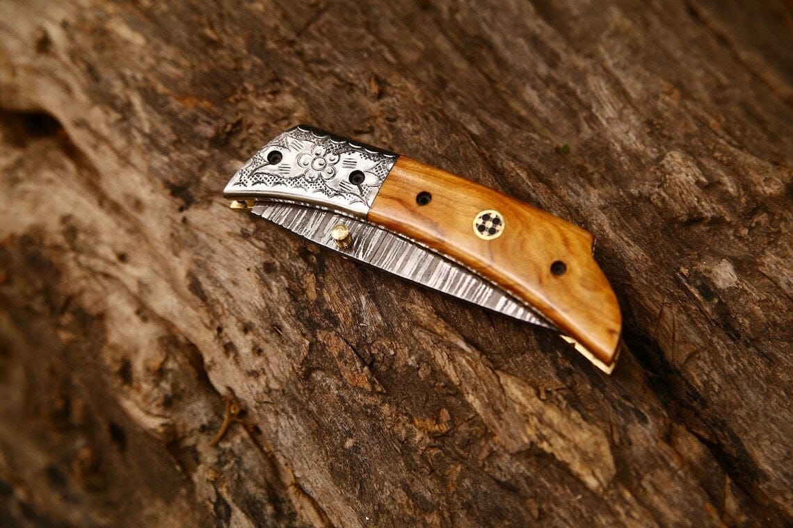 KBS Knives Store Folding Knives Hand Engraved Custom Damascus Steel EDC Folding Pocket Knife | 3-Inch Blade, Olive Wood Handle, Leather Case | Gift Idea
