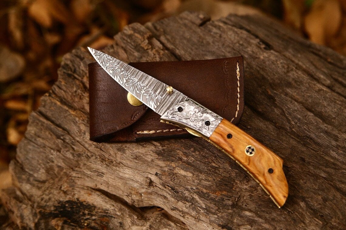 KBS Knives Store Folding Knives Hand Engraved Custom Damascus Steel EDC Folding Pocket Knife | 3-Inch Blade, Olive Wood Handle, Leather Case | Gift Idea