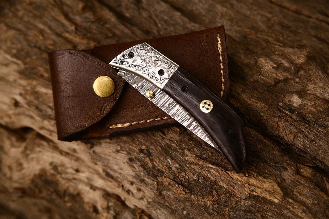 KBS Knives Store Folding Knives Hand Engraved Custom Damascus Steel EDC Folding Pocket Knife | 3-Inch Blade, Wenge Wood Handle, Leather Case | Anniversary Gift Idea