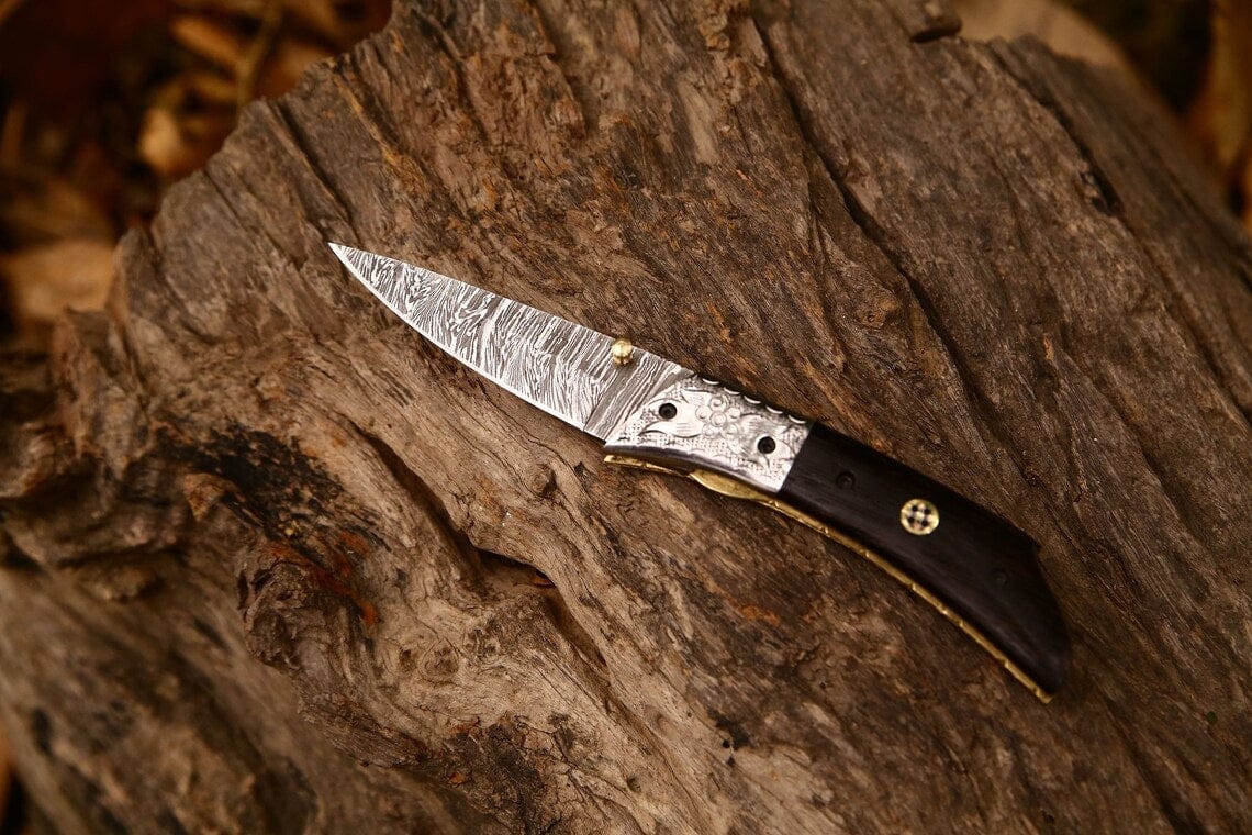 KBS Knives Store Folding Knives Hand Engraved Custom Damascus Steel EDC Folding Pocket Knife | 3-Inch Blade, Wenge Wood Handle, Leather Case | Anniversary Gift Idea