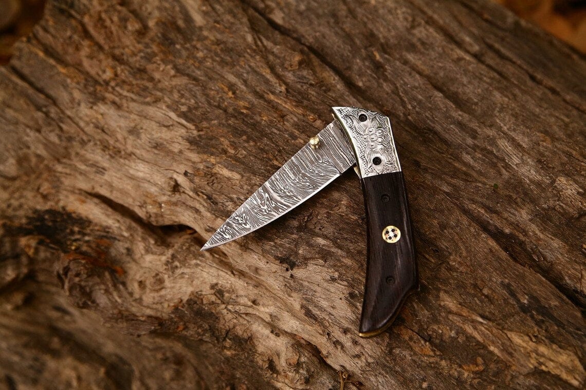 KBS Knives Store Folding Knives Hand Engraved Custom Damascus Steel EDC Folding Pocket Knife | 3-Inch Blade, Wenge Wood Handle, Leather Case | Anniversary Gift Idea
