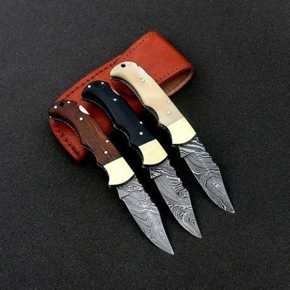 KBS Knives Store Folding Knives LOT OF 3 DAMASCUS FOLDING KNIVES