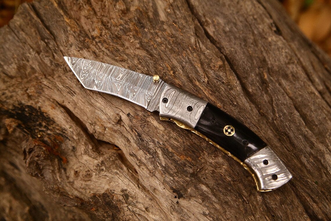 KBS Knives Store Folding Knives New Custom Handmade Damascus Steel Tanto Blade EDC Folding Pocket Knife | 3-Inch Blade, Buffalo Horn Handle, Leather Case | Perfect Gift by KBS Knives