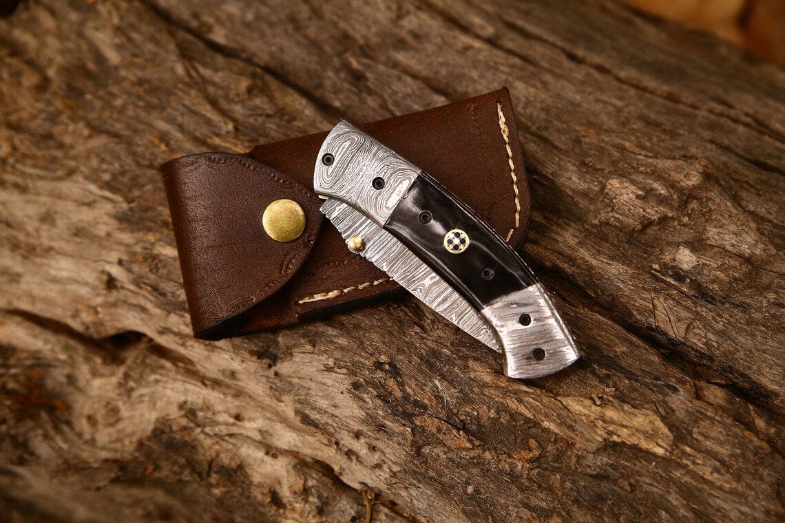 KBS Knives Store Folding Knives New Custom Handmade Damascus Steel Tanto Blade EDC Folding Pocket Knife | 3-Inch Blade, Buffalo Horn Handle, Leather Case | Perfect Gift by KBS Knives