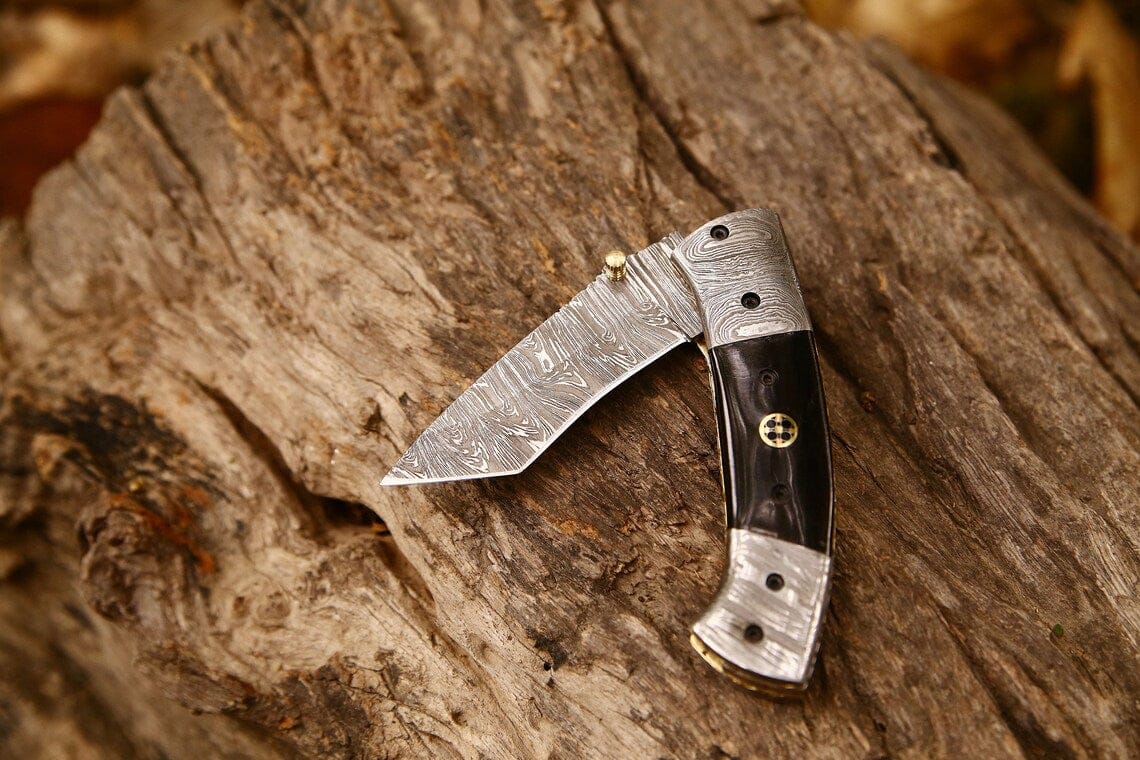 KBS Knives Store Folding Knives New Custom Handmade Damascus Steel Tanto Blade EDC Folding Pocket Knife | 3-Inch Blade, Buffalo Horn Handle, Leather Case | Perfect Gift by KBS Knives