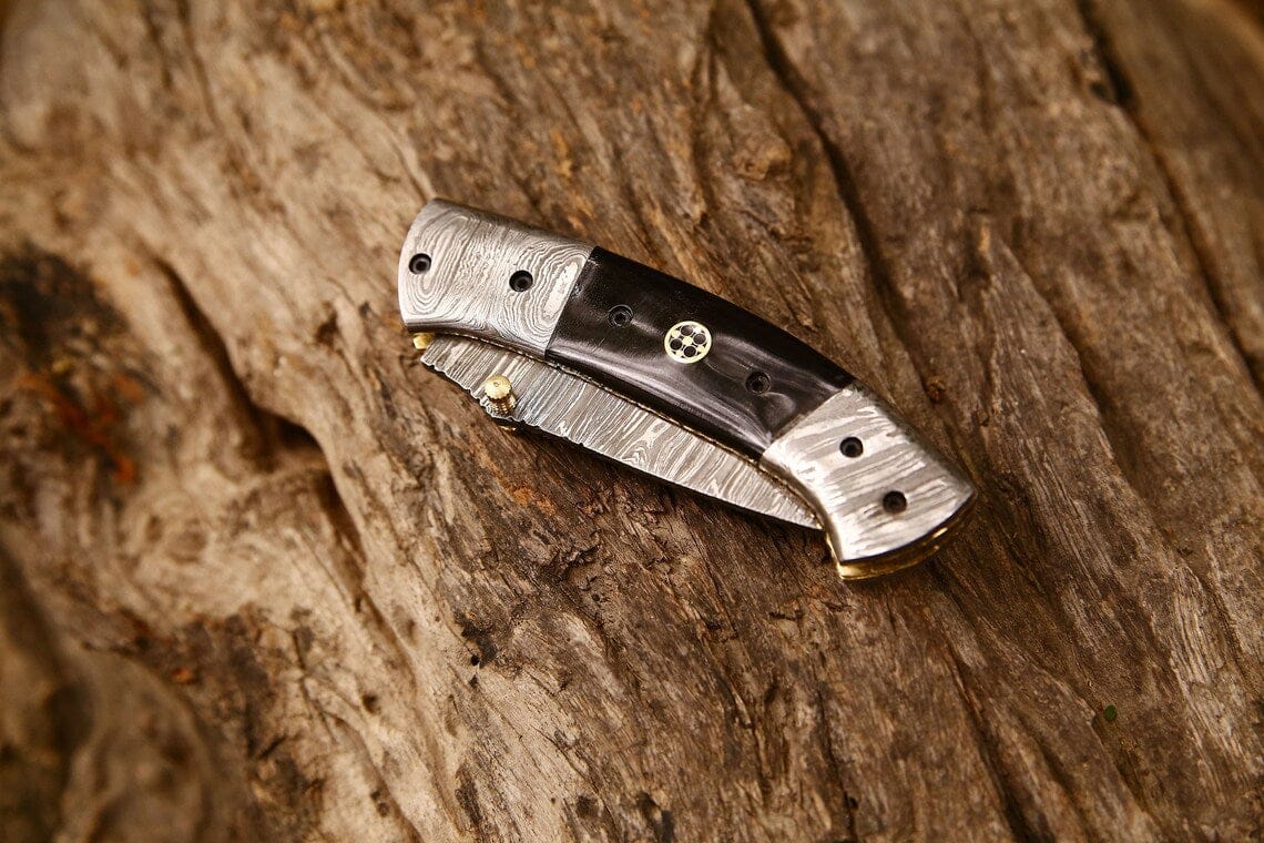 KBS Knives Store Folding Knives New Custom Handmade Damascus Steel Tanto Blade EDC Folding Pocket Knife | 3-Inch Blade, Buffalo Horn Handle, Leather Case | Perfect Gift by KBS Knives