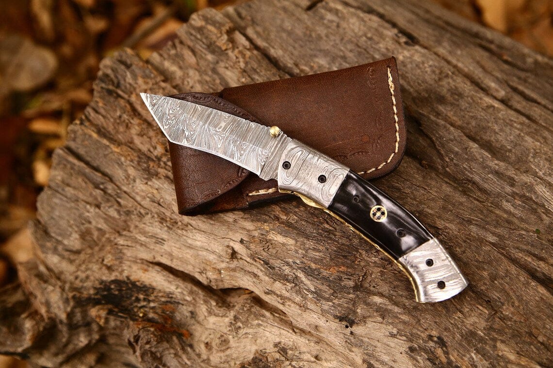 KBS Knives Store Folding Knives New Custom Handmade Damascus Steel Tanto Blade EDC Folding Pocket Knife | 3-Inch Blade, Buffalo Horn Handle, Leather Case | Perfect Gift by KBS Knives