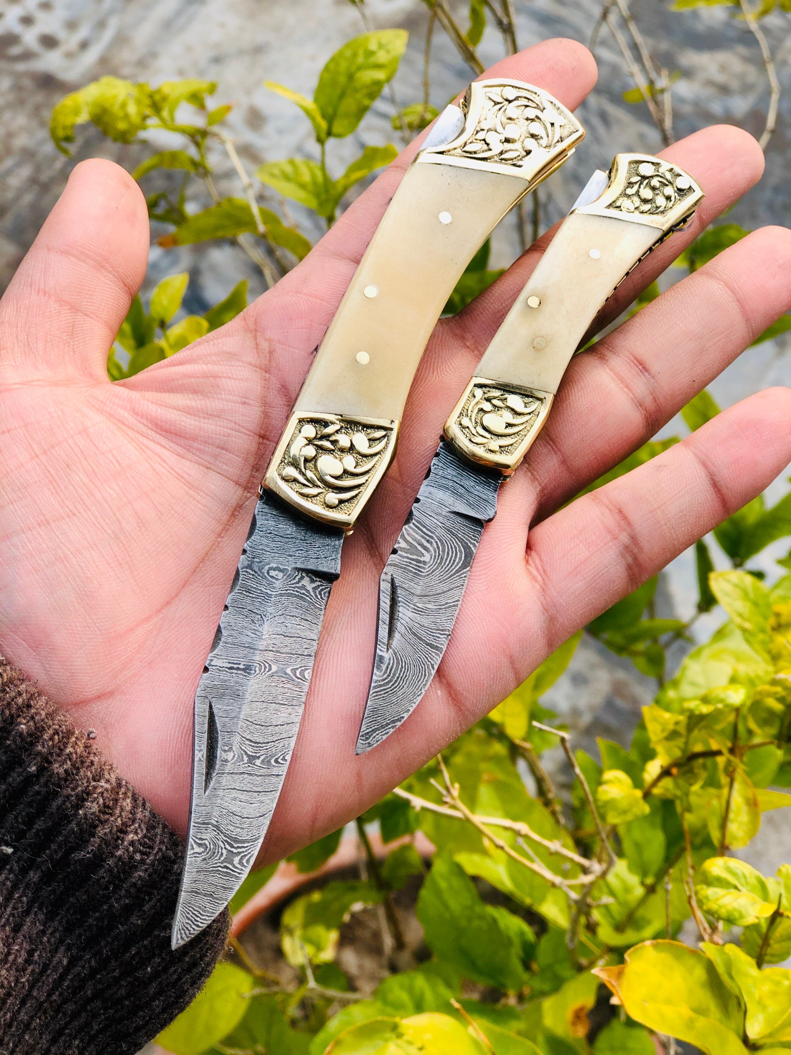 KBS Knives Store Folding Knives Pair of Custom Handmade Damascus Steel Folding Pocket Knives with Bone and Engraved Brass Bolsters Handle