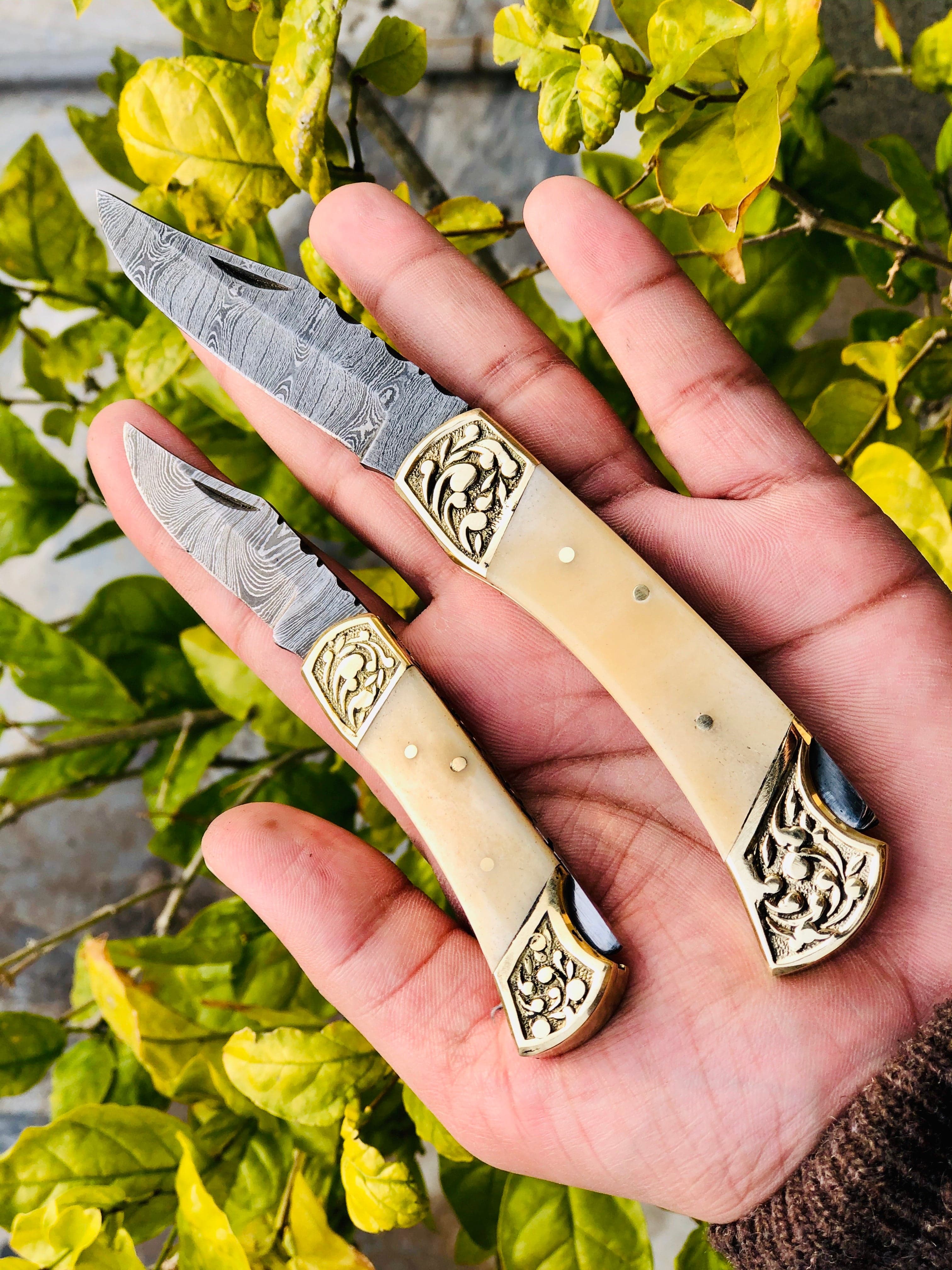 KBS Knives Store Folding Knives Pair of Custom Handmade Damascus Steel Folding Pocket Knives with Bone and Engraved Brass Bolsters Handle
