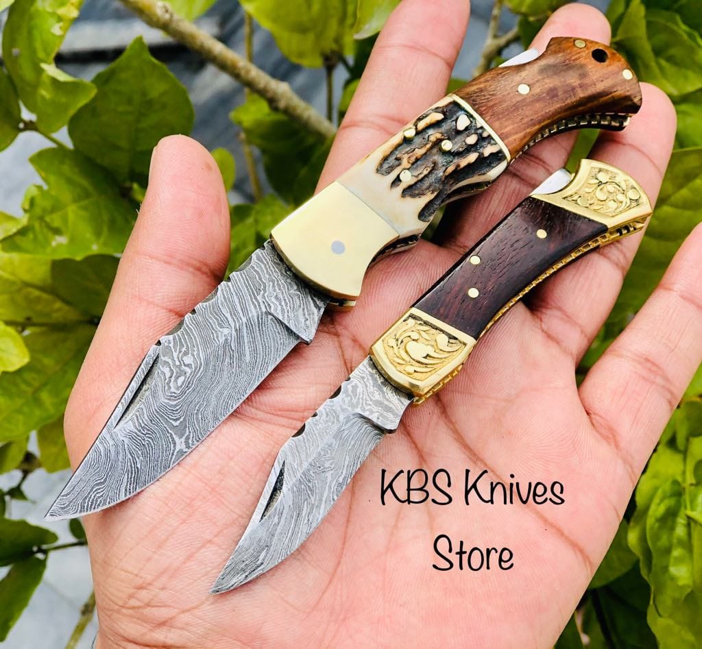 KBS Knives Store Folding Knives Pair Of Damascus Blade Edc Folding Knives