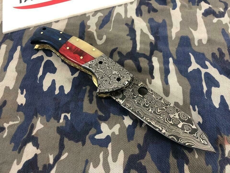 KBS Knives Store Folding Knives TEXAS FLAG HANDLE DAMASCUS FOLDING POCKET KNIFE