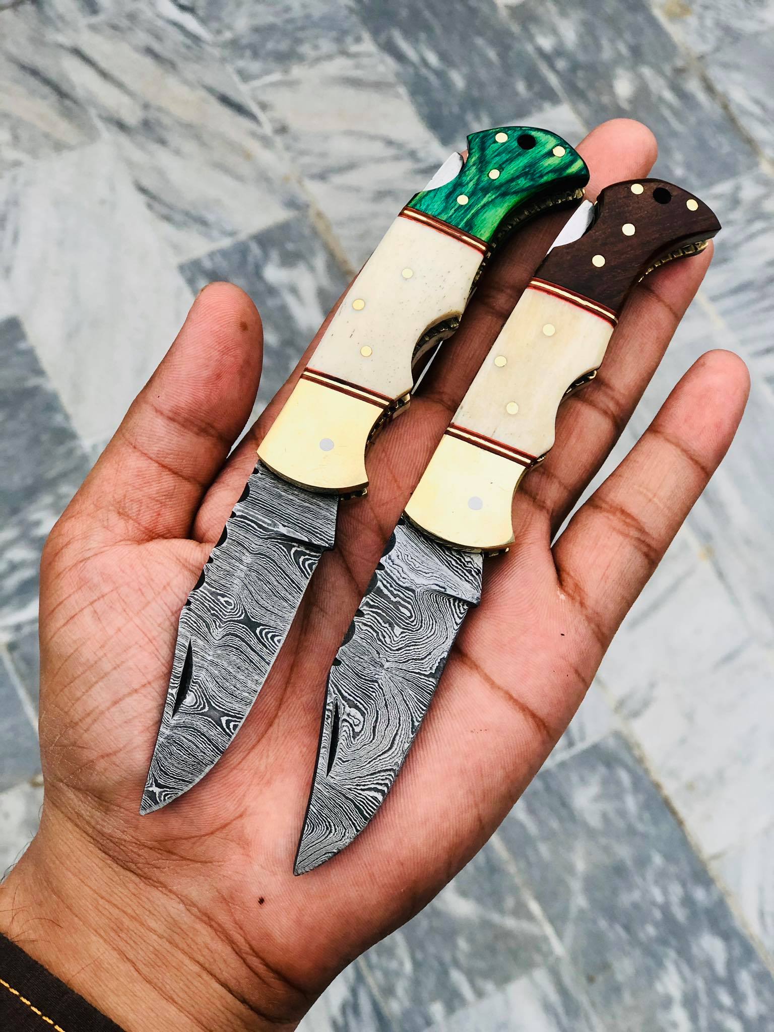 KBS Knives Store Folding Knives Top Quality Damascus Steel Folding Pocket Knife with Bone-Rosewood and Green Wood Handle, 3 Inches Blade Length