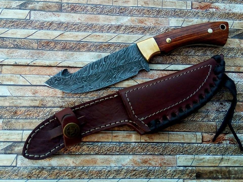 KBS Knives Store Gut Hook Knife Custom Handmade Damascus Steel Gut Hook Hunting Camping Knife