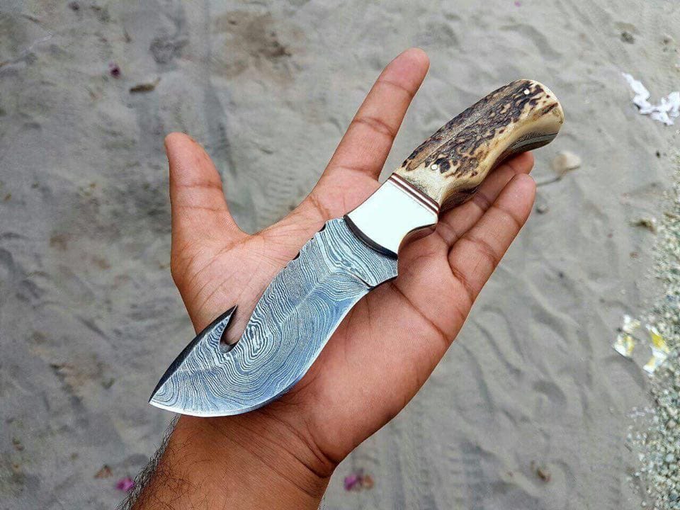 KBS Knives Store Gut Hook Knife Damascus steel handmade gut hook knife