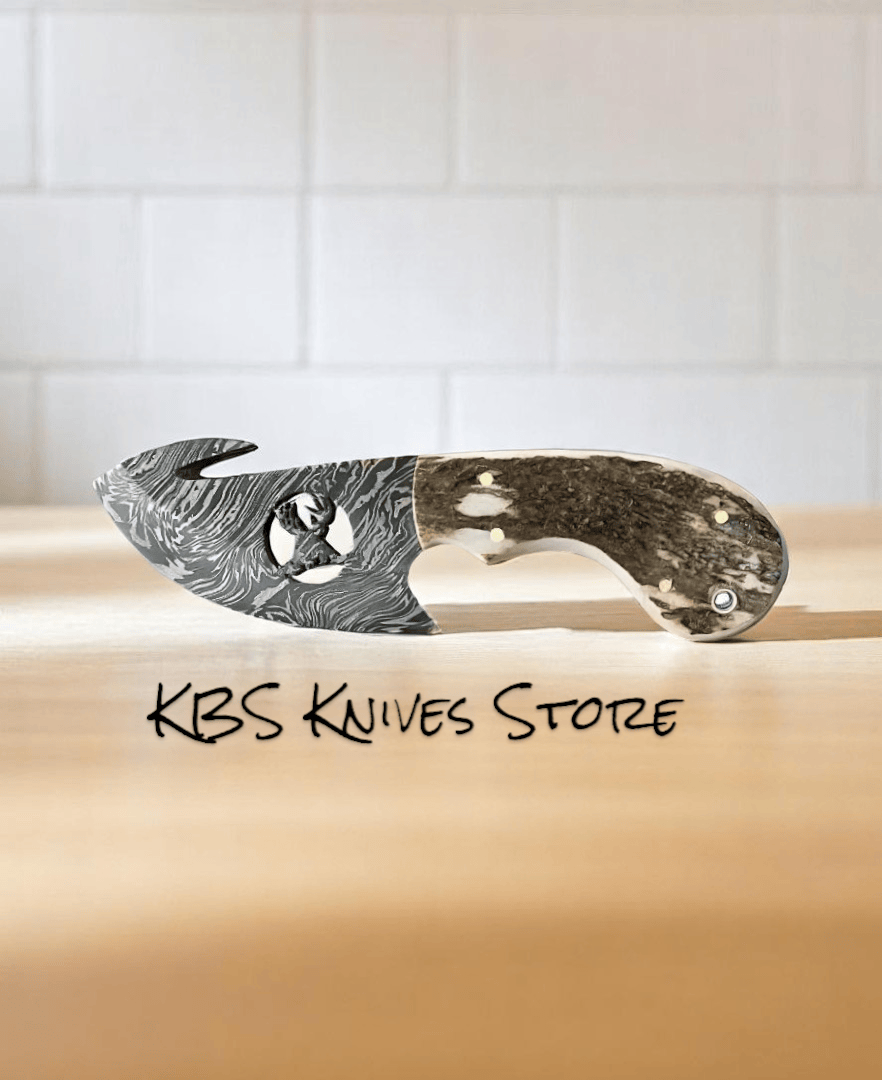 KBS Knives Store Guthook Knives Custom Damascus Steel Deer Gutting Knife with Antler Handle & Gut Hook
