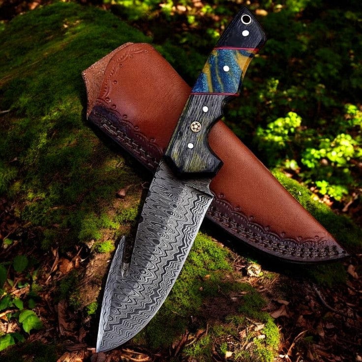 KBS Knives Store Guthook Knives Custom Handmade Damascus Steel Gut Hook Knife – Exotic Wood Handle & Leather Sheath