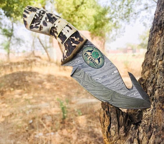 KBS Knives Store Guthook Knives Custom Handmade Damascus Steel Guthook Knife for Deer Skinning - 8 Inch Antler Horn Handle - Premium Quality by KBS Knives