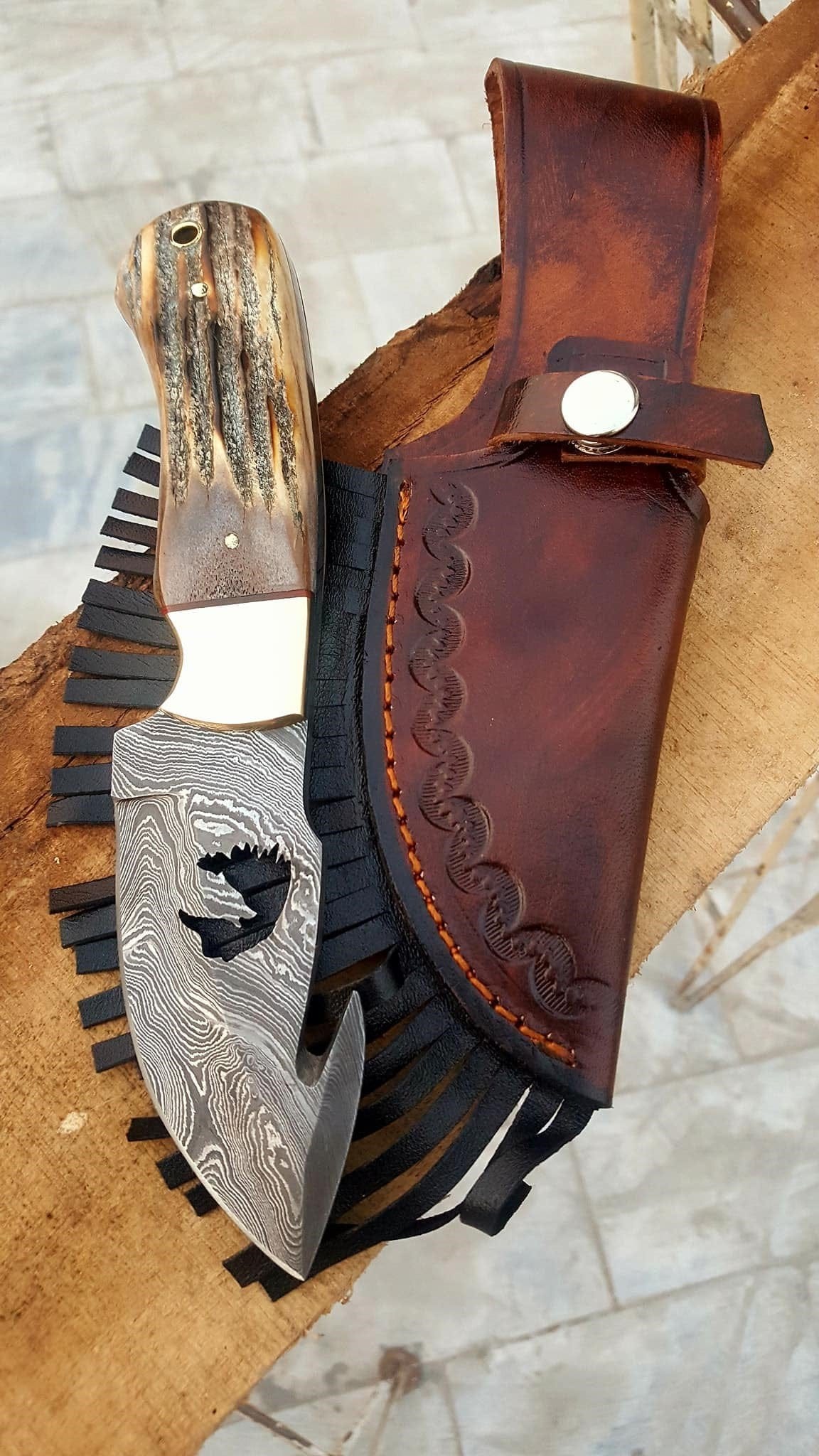 KBS Knives Store Guthook Knives Custom Handmade Deer Gut Hook Skinning Knife – Damascus Steel with Antler Horn Handle