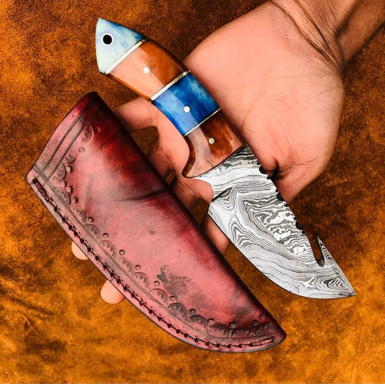 KBS Knives Store Guthook Knives Damascus Steel Guthook Skinner Knife