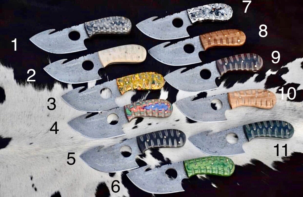 KBS Knives Store Guthook Knives Deal of 11 Custom Handcrafted Damascus Steel Guthook Skinner Knives - 7.5 Inch Exotic Wood & Bone Handles, Leather Sheaths - Premium Set by KBS Knives