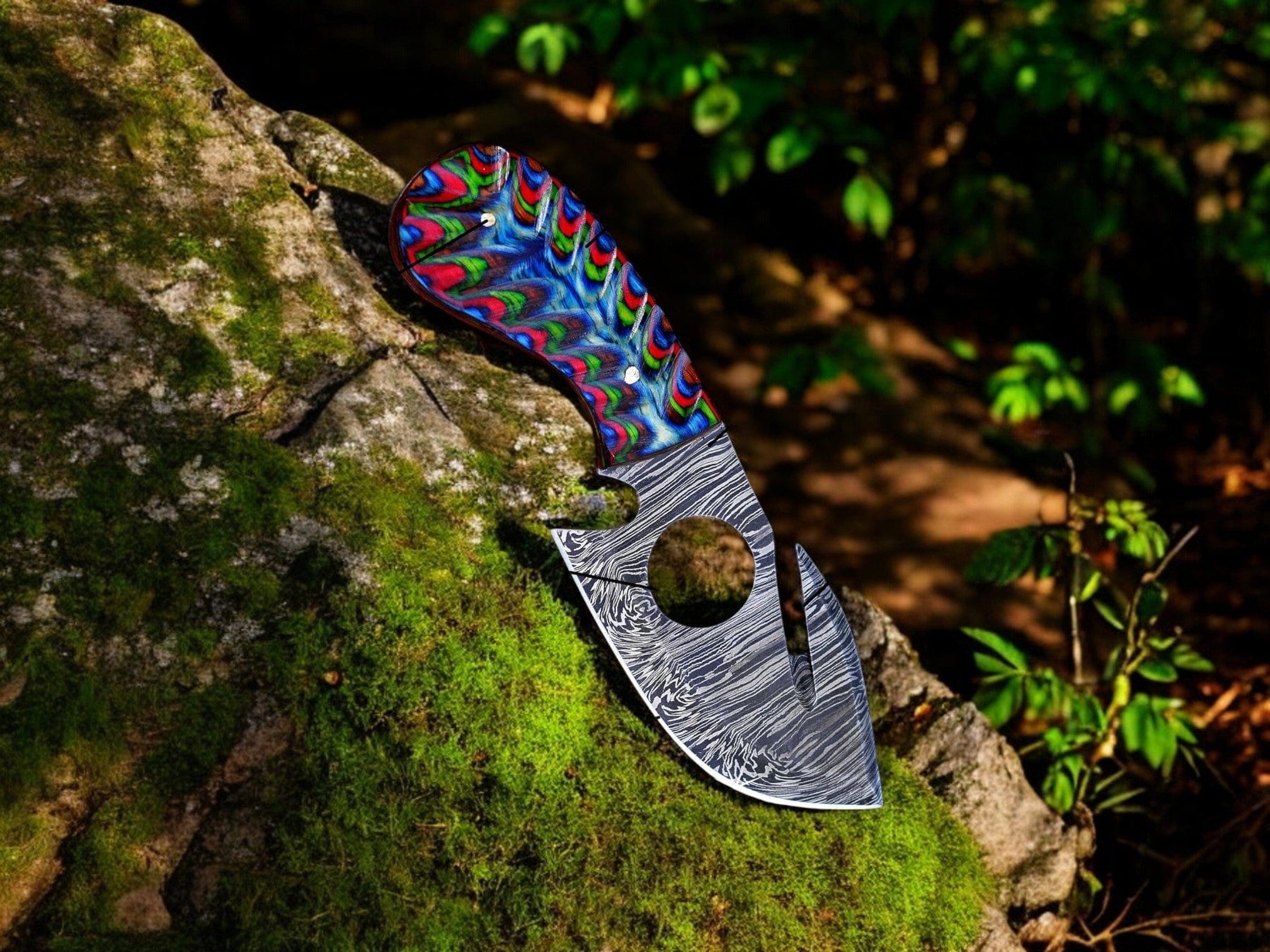 KBS Knives Store Guthook Knives Gut Hook Skinning Knife – 7.25" Damascus Steel Blade with Exotic Color Wood Handle