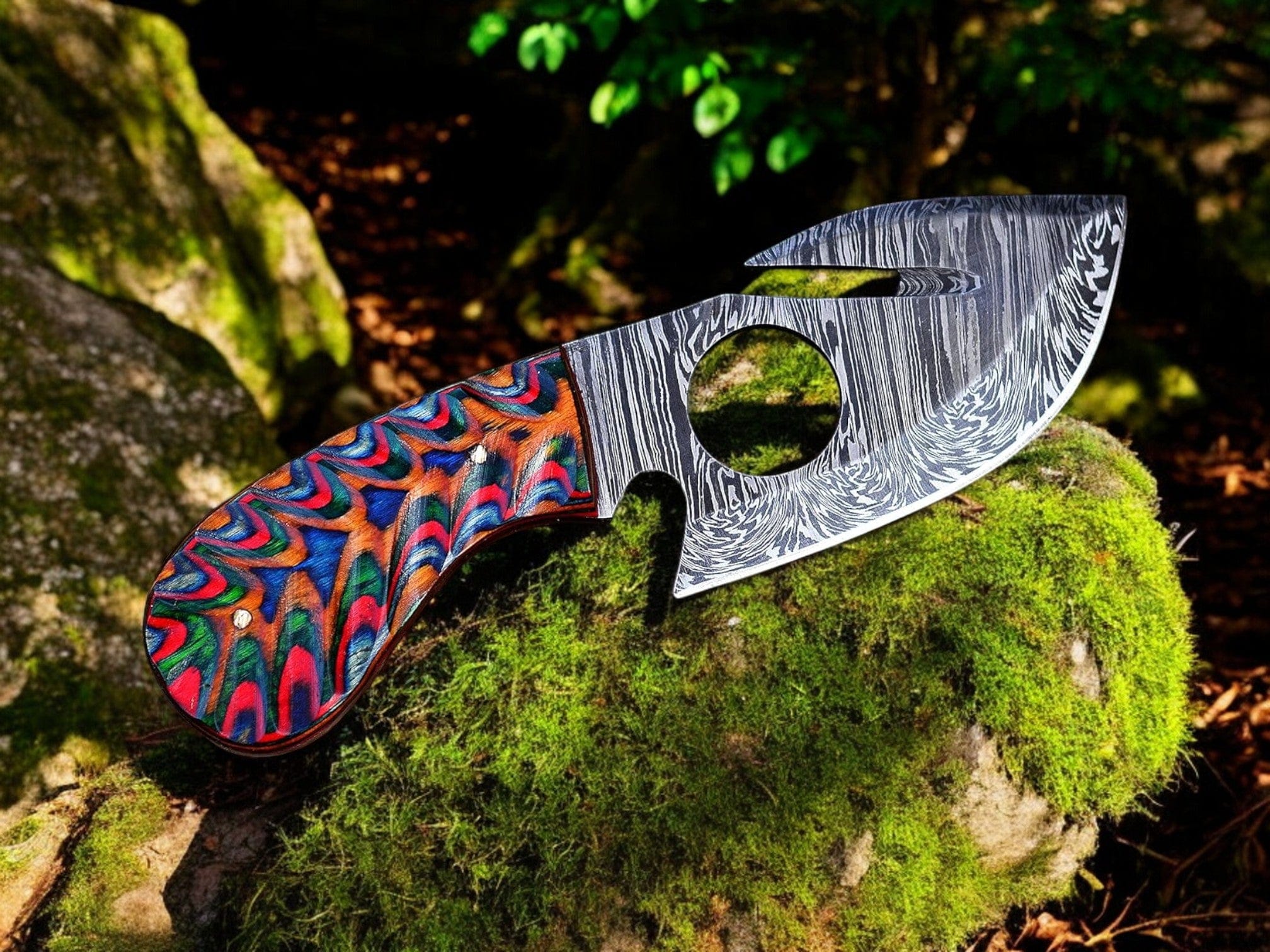 KBS Knives Store Guthook Knives Gut Hook Skinning Knife – 7.25" Damascus Steel Blade with Exotic Color Wood Handle