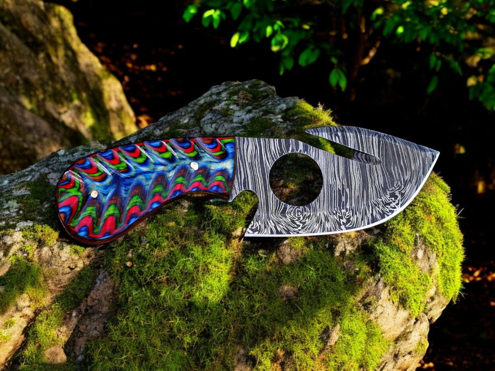 KBS Knives Store Guthook Knives Gut Hook Skinning Knife – 7.25" Damascus Steel Blade with Exotic Color Wood Handle