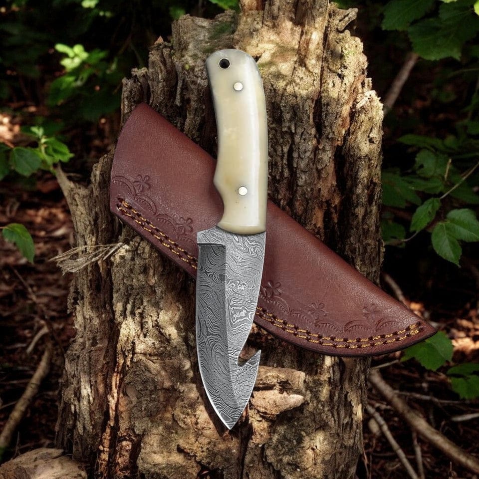 KBS Knives Store Guthook Knives Gutting Knife 4.25-Inch Blade with Bone Handle & Leather Sheath