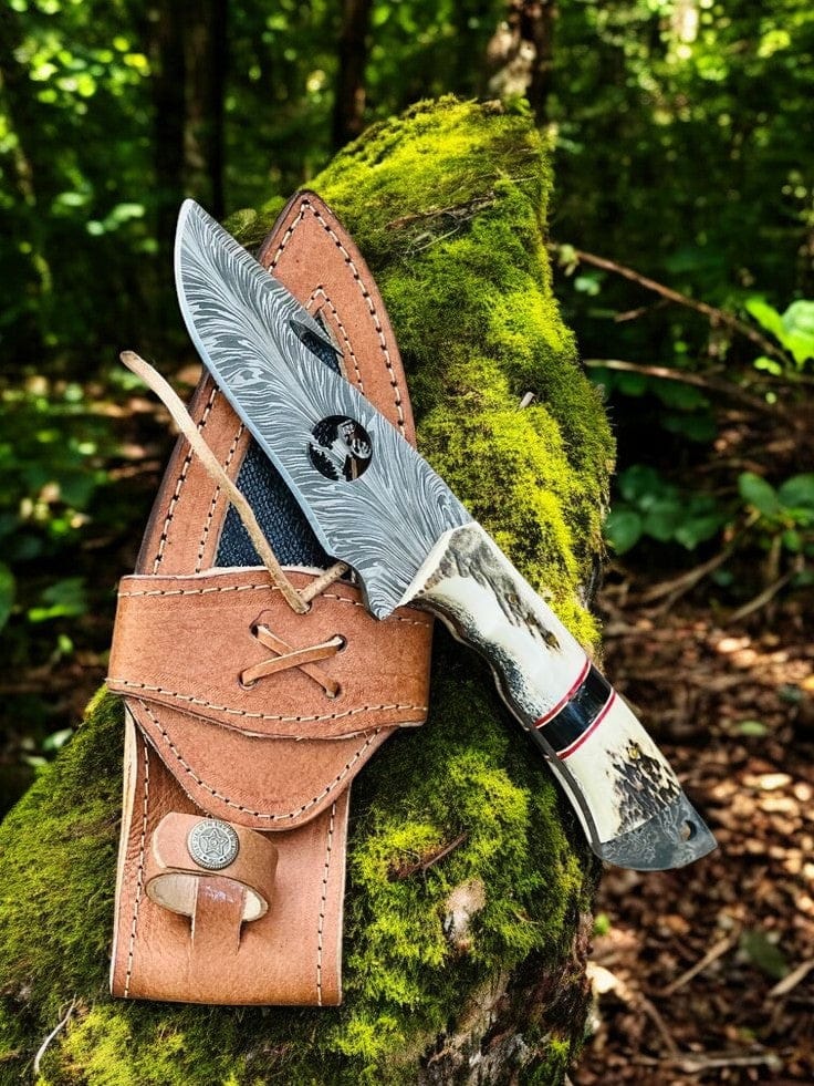 KBS Knives Store Guthook Knives Handmade Deer Guthook Knife – 5" Feather Damascus & Antler Handle
