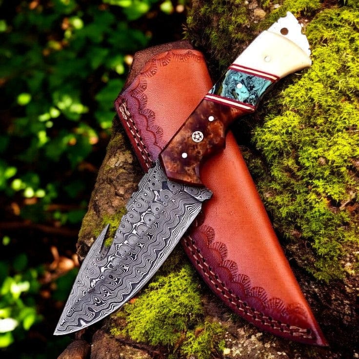 KBS Knives Store Guthook Knives Handmade Deer Gutting Knife – 4.5" Damascus Steel & Bone Handle