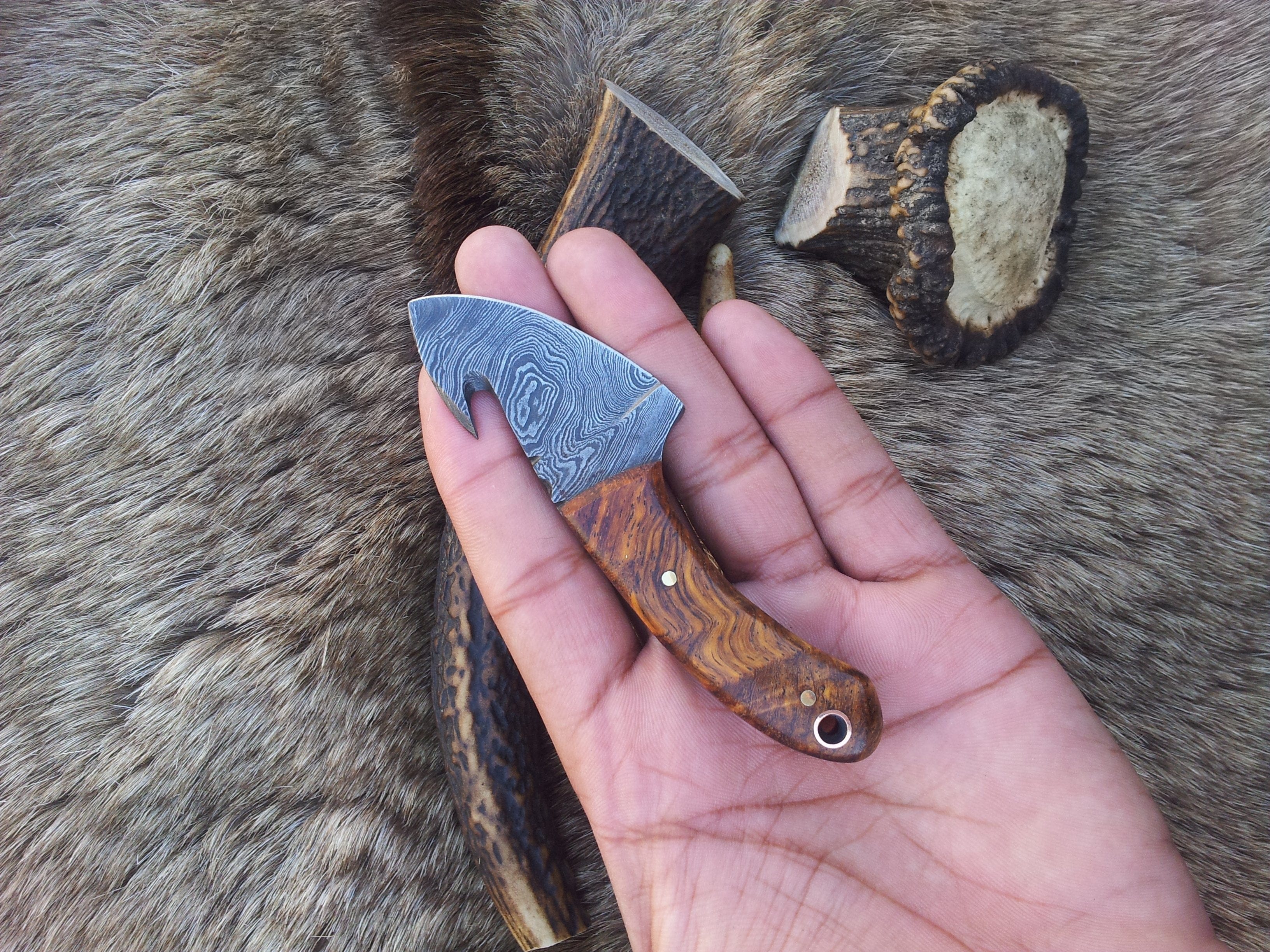 KBS Knives Store Guthook Knives Mini Guthook Knife - Custom Damascus Steel Blade & Rosewood Handle