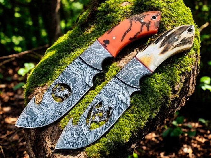 KBS Knives Store Guthook Knives Nature's Edge Deer Gutting Knife: Damascus Steel with Epoxy Resin and Antler Horn Handle
