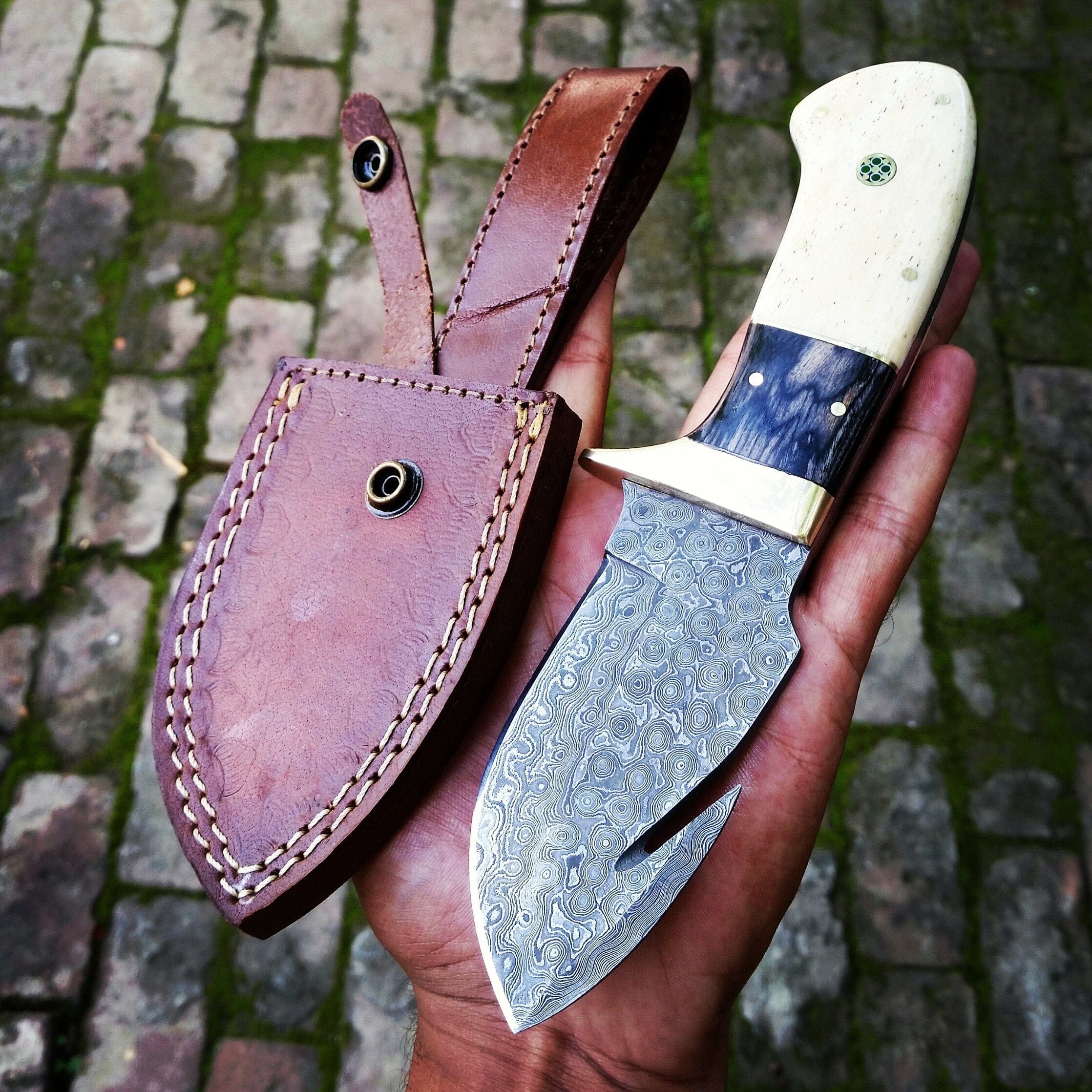 KBS Knives Store Guthook Knives Premium Custom Handmade Gut Hook Knife in Damascus Steel with Exotic Wood Handle