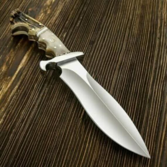 KBS Knives Store Hunting Knife Artisan’s Edge: Custom Handmade Hunting Knife with D2 Steel Blade, Sheep Horn and Antler Horn Handle, Steel Guard, Brass Inlay, and Leather Sheath