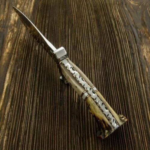 KBS Knives Store Hunting Knife Artisan’s Edge: Custom Handmade Hunting Knife with D2 Steel Blade, Sheep Horn and Antler Horn Handle, Steel Guard, Brass Inlay, and Leather Sheath