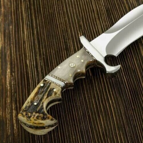 KBS Knives Store Hunting Knife Artisan’s Edge: Custom Handmade Hunting Knife with D2 Steel Blade, Sheep Horn and Antler Horn Handle, Steel Guard, Brass Inlay, and Leather Sheath