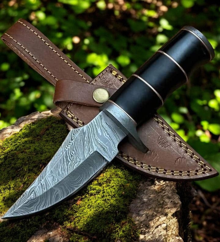 KBS Knives Store Hunting Knife Buck Hunting Knife – Custom Damascus Skinning with Buffalo Horn Handle & Leather Sheath