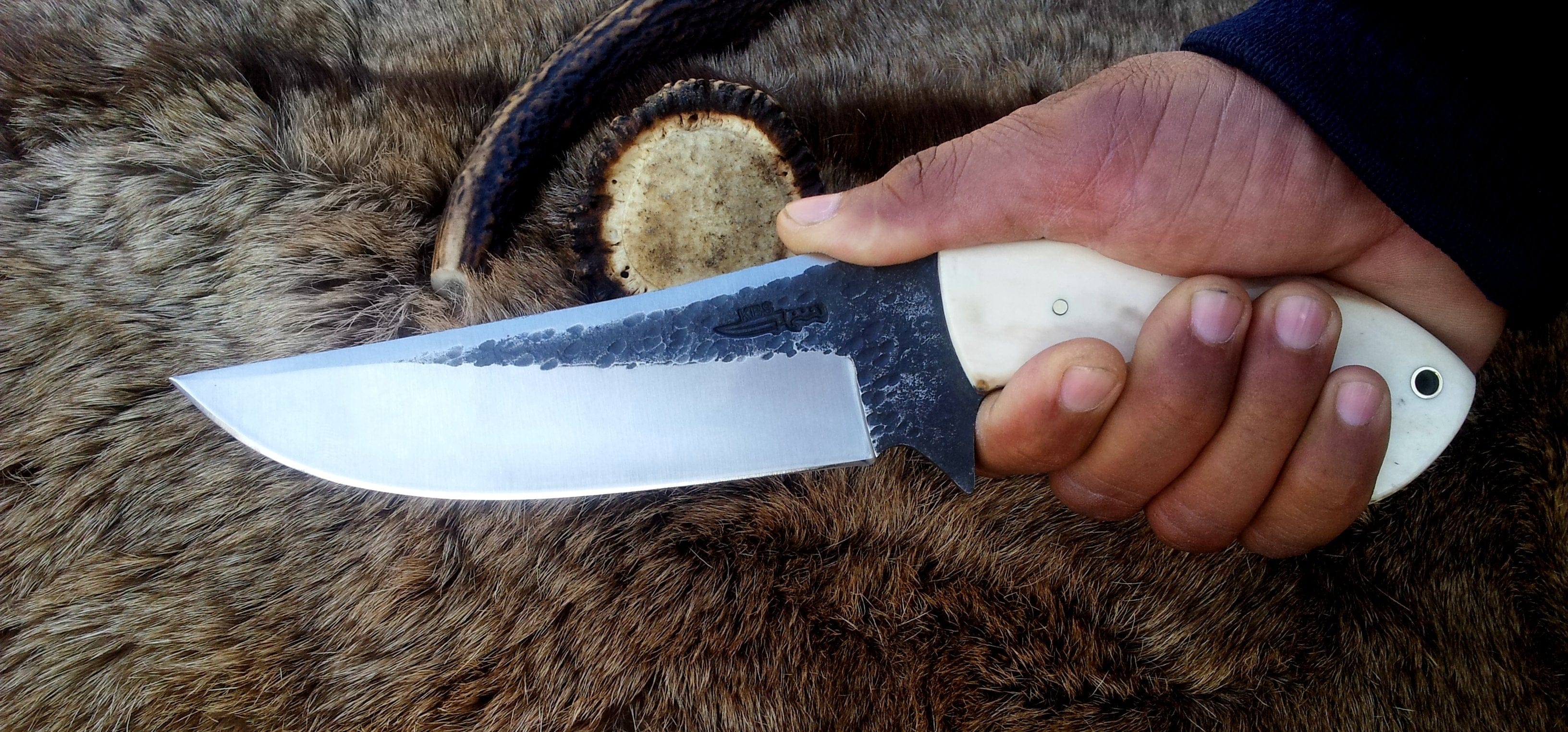 KBS Knives Store Hunting Knife Custom Handmade 1095 Best Hunting Knife | Camel Bone Handle with Brass Lanyard Hole | 10.5 Inches | Leather Sheath | KBS Knives
