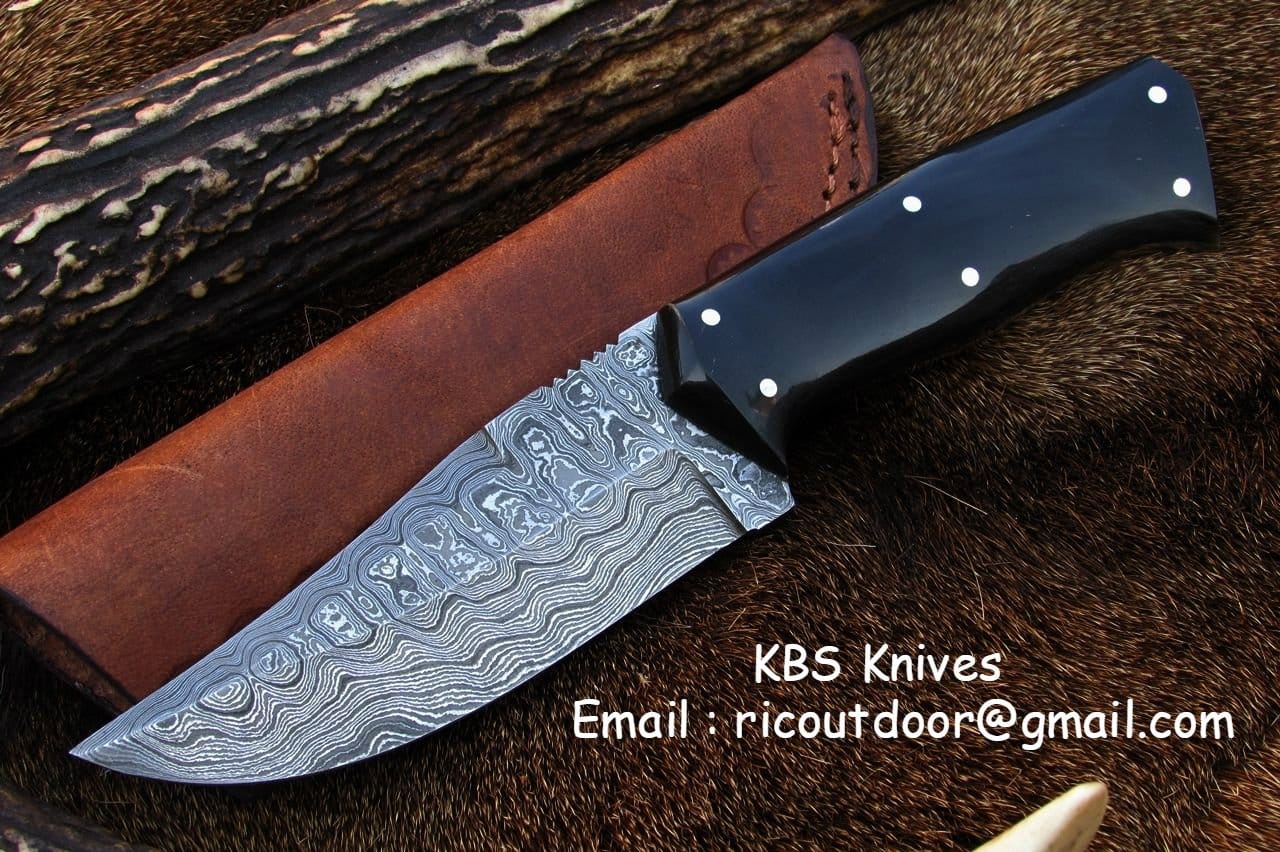KBS Knives Store Hunting Knife Custom Handmade 8-Inch Damascus Deer Hunting Knife with Buffalo Horn Handle | KBS Knives Store