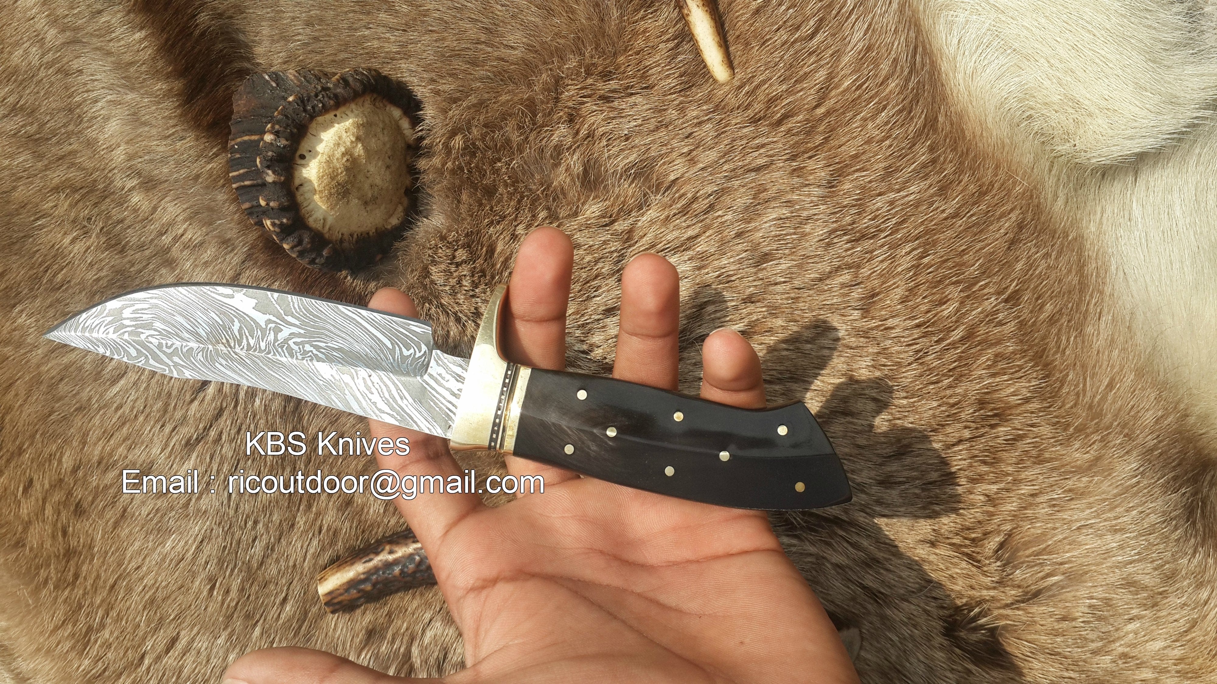 KBS Knives Store Hunting Knife Custom Handmade 9-Inch Damascus Fixed-Blade Hunting Knife with Buffalo Horn Handle & Brass Guard | KBS Knives Store