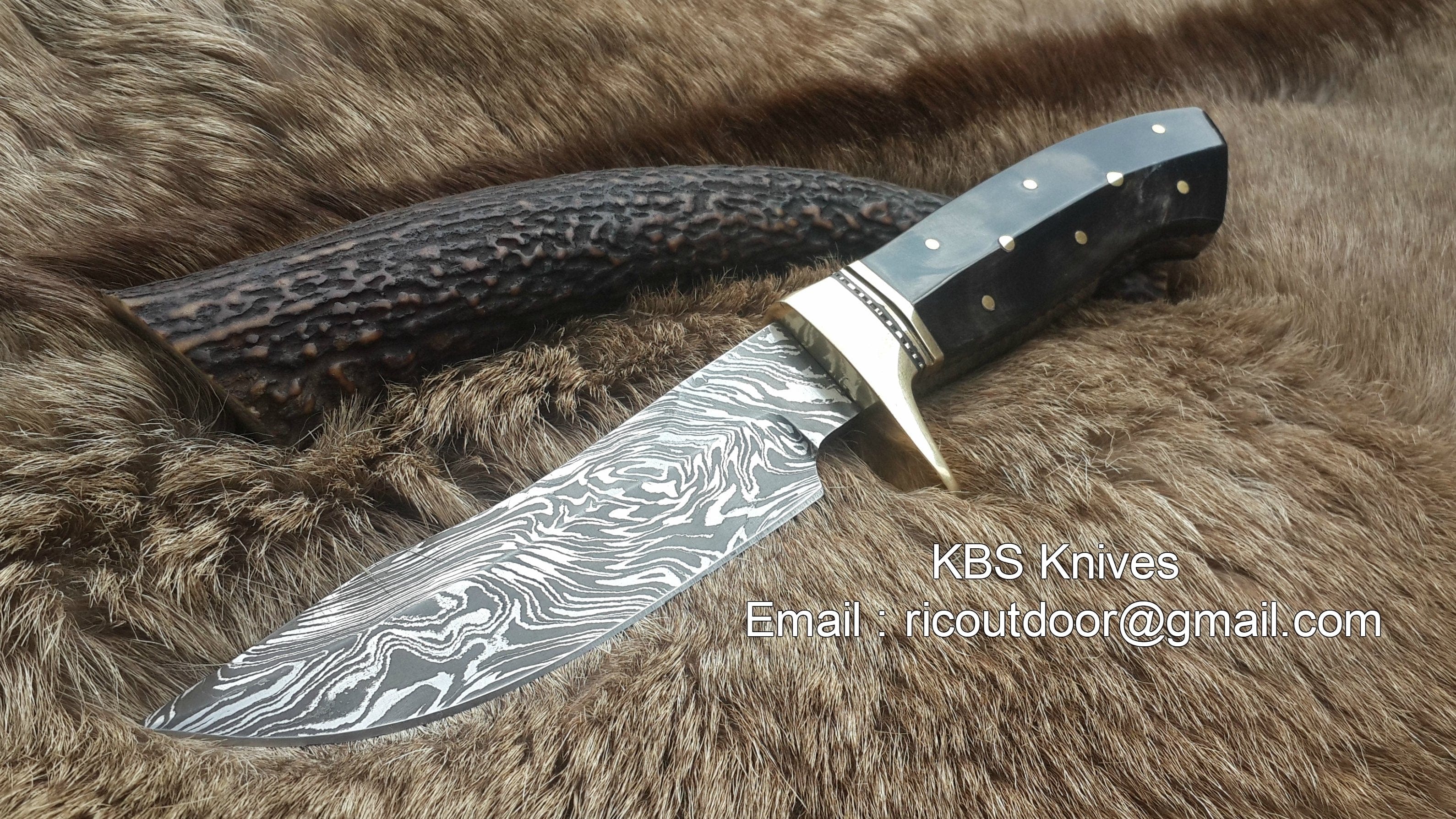KBS Knives Store Hunting Knife Custom Handmade 9-Inch Damascus Fixed-Blade Hunting Knife with Buffalo Horn Handle & Brass Guard | KBS Knives Store