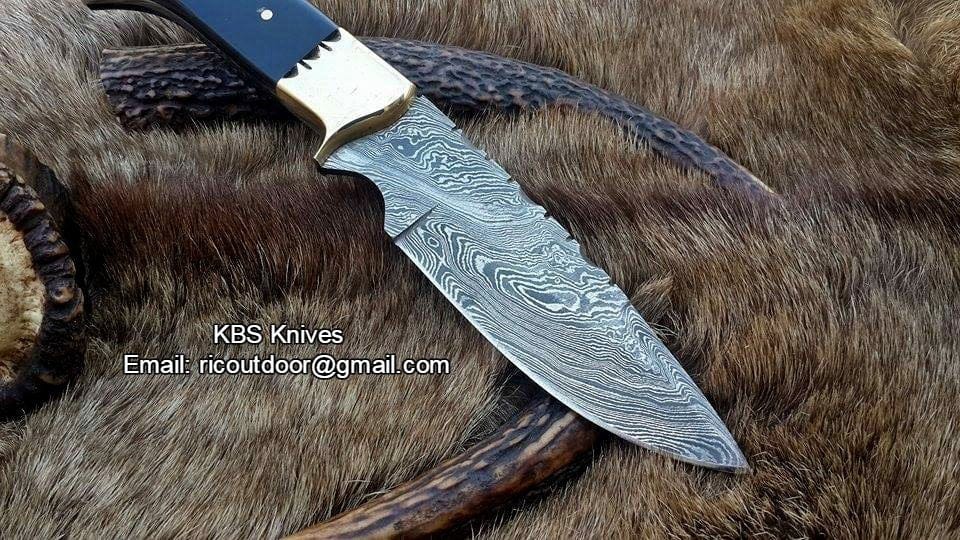 KBS Knives Store Hunting Knife Custom Handmade 9-Inch Damascus Fixed-Blade Hunting Knife with Buffalo Horn Handle | KBS Knives Store