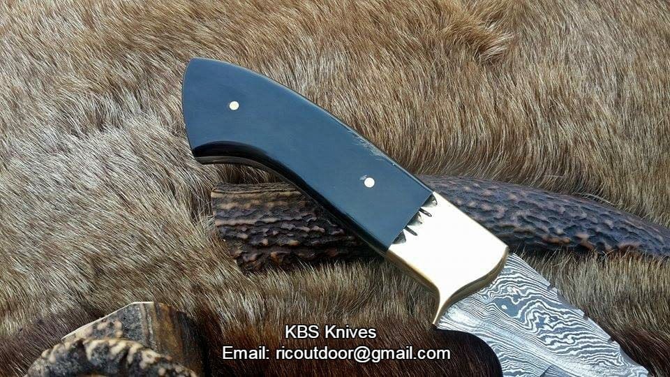 KBS Knives Store Hunting Knife Custom Handmade 9-Inch Damascus Fixed-Blade Hunting Knife with Buffalo Horn Handle | KBS Knives Store