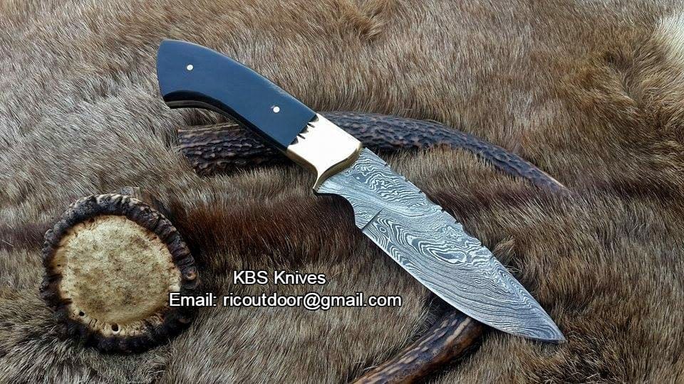 KBS Knives Store Hunting Knife Custom Handmade 9-Inch Damascus Fixed-Blade Hunting Knife with Buffalo Horn Handle | KBS Knives Store