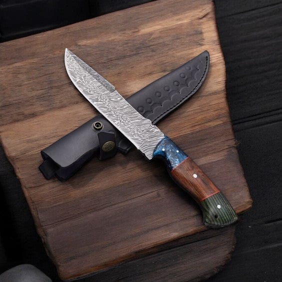KBS Knives Store Hunting Knife Custom Handmade Boar Hunter Knife – 12" Damascus Steel with Leather Sheath