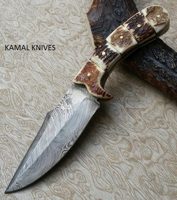 KBS Knives Store Hunting Knife Custom Handmade Damascus Hunters Knife with Leather Sheath