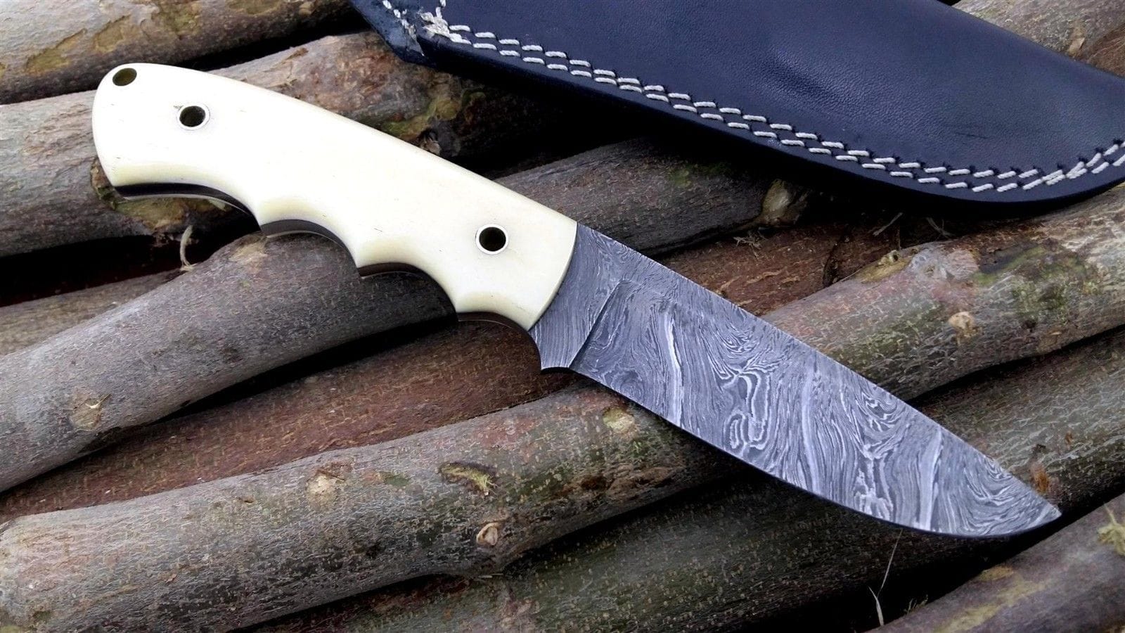 KBS Knives Store Hunting Knife Custom Handmade Damascus Hunters Knife with Leather Sheath