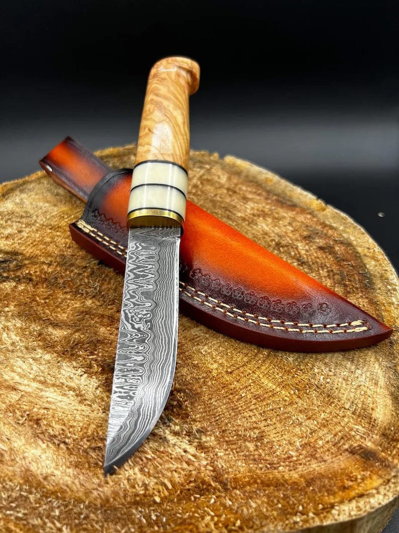 KBS Knives Store Hunting Knife Custom Handmade Damascus Hunting Camping Knife with Bone, Olive Wood, and Brass Bolster Handle